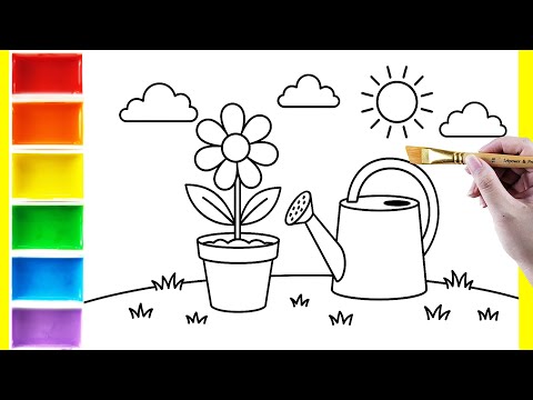 Tô Màu Cây Hoa và Bình Tưới Cây, Flower pot and watering can coloring pages for kids #tomau