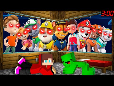 JJ and Mikey hide From Scary Puppies and Ryder from PAW PATROL EXE Minecraft Maizen JJ and Mikey