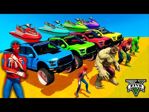 Spiderman team & Super Heroes  Loading Super Cars & Big Trucks  Into A Big Trailer New