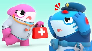 A canção do machucado! Policial Ferido, Ajude-me, Doutor | Canção infantil educacional Baby Sharks