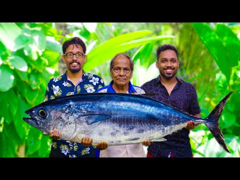 Big tuna fish cutting and Banana leaf fry with noodle recipe cooking in village | Meen Pollichathu