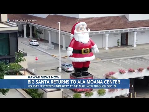 YouTube video thumbnail: Iconic 50-Foot-Tall Santa Arrives at Ala Moana Center