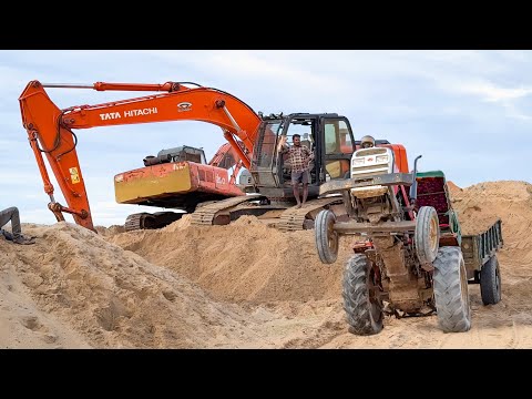 TATA 220 Excavator Loading Sand Massey F 7250 Sonalika 50 JohnDeere 5045 Tractor in Manapad Beach