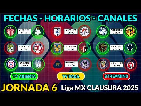 FECHAS, HORARIOS y CANALES CONFIRMADOS para los PARTIDOS de la JORNADA 6 Liga MX CLAUSURA 2025