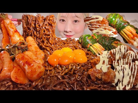 ASMR Jajangmyeon Spicy Korean Fried Chicken Kimchi【Mukbang/ Eating Sounds】【English subtitles】