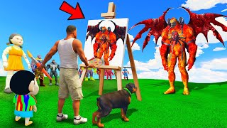 GTA 5 | SHINCHAN, FRANKLIN & SUPERHEROES DRAW 4 HEADED FIRE VENOM GOD! MAGICAL DRAWING CHALLENGE