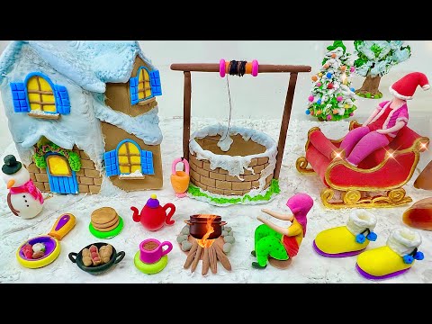 Diy How to Make Polymer Clay Christmas Tree, Doll Santa sleigh, Kitchen set, Water well | Dollhouse