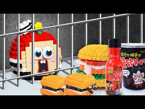 Lego Food: Red Apple Mukbang the Dark Beast in Prison | FIRE Noodle ASMR Challenge