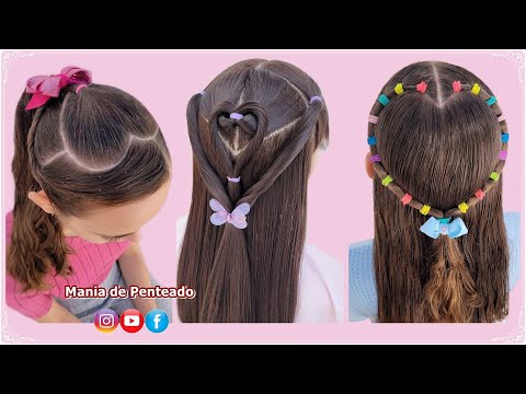 Penteados Fáceis com Coracão 💕 / Easy Heart Hairstyles with Rubber Bands for Girls 😍