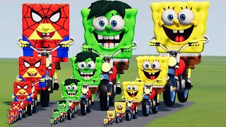 Big & Small SpongeBob on Motorcycle vs Sponge Hulk vs Sponge Spider-Man vs Iron Man | BeamNG.Drive