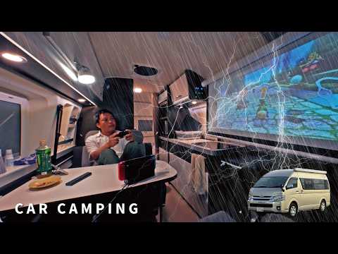 [Car camping in heavy rain] Late night with disaster-level heavy rain [Hiace camper]