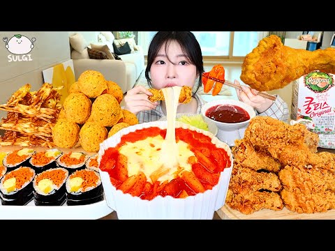 ASMR MUKBANG| 엽기떡볶이 후라이드 치킨 치즈볼 튀김 먹방 & 레시피 FRIED CHICKEN AND Tteokbokki EATING