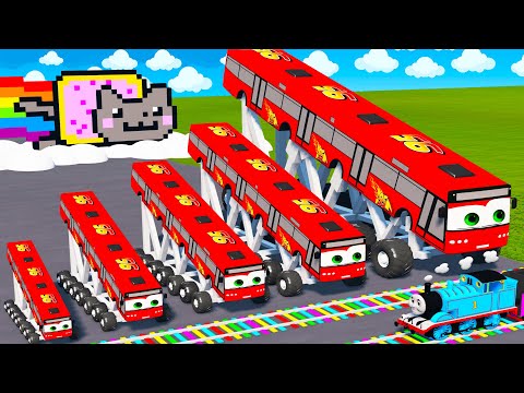 Big & Small: Long,Tall Lightning Mcqueen Bus vs Thomas Trains - Long Cars vs Slide Color - BeamNG