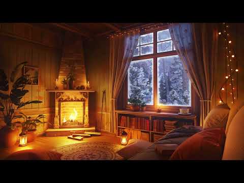 Wind and Crackling Fireplace in a Cozy Winter Hut for Sleep, Relax, Study