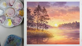 Watercolor painting landscape - Sunset Reflection