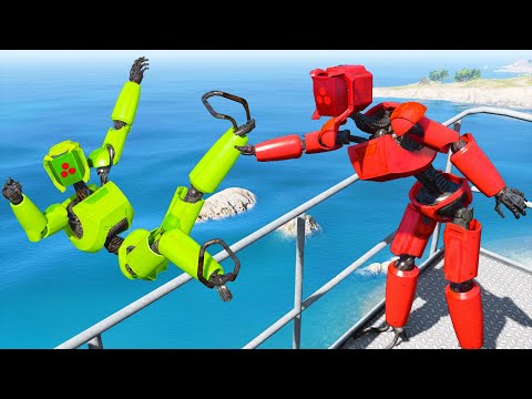 GTA 5 AI Robots Jumping Ragdolls into Water! (Funny)