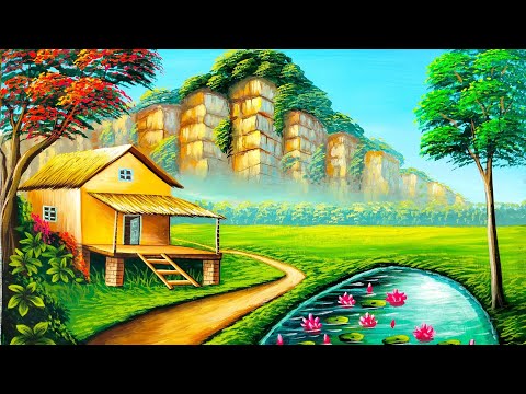 Rock mountain village scenery drawing and painting | painting 549