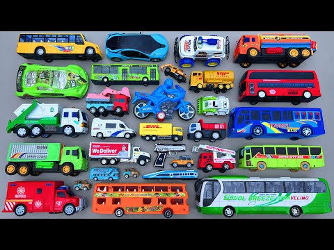 Finding lot's of qualityful toys like cars, trucks, buses, train, motorbike, jeep in the greenery
