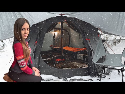 Winter Camp in Hot Tent overnight | Solo camping in a blizzard woods | ASMR