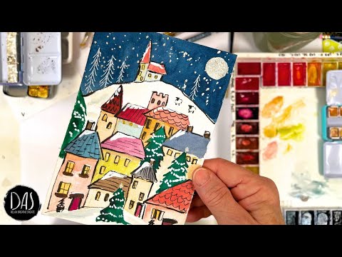 Whimsical Watercolor Christmas Card EVERYONE will Love! Easy step by step tutorial with free sketch