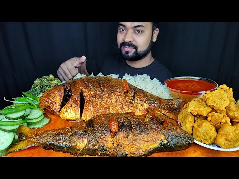 TWO SPICY WHOLE HILSA FISH CURRY, SPINACH, PAKORA, GRAVY, CHILI ASMR MUKBANG EATING SHOW | BIG BITES