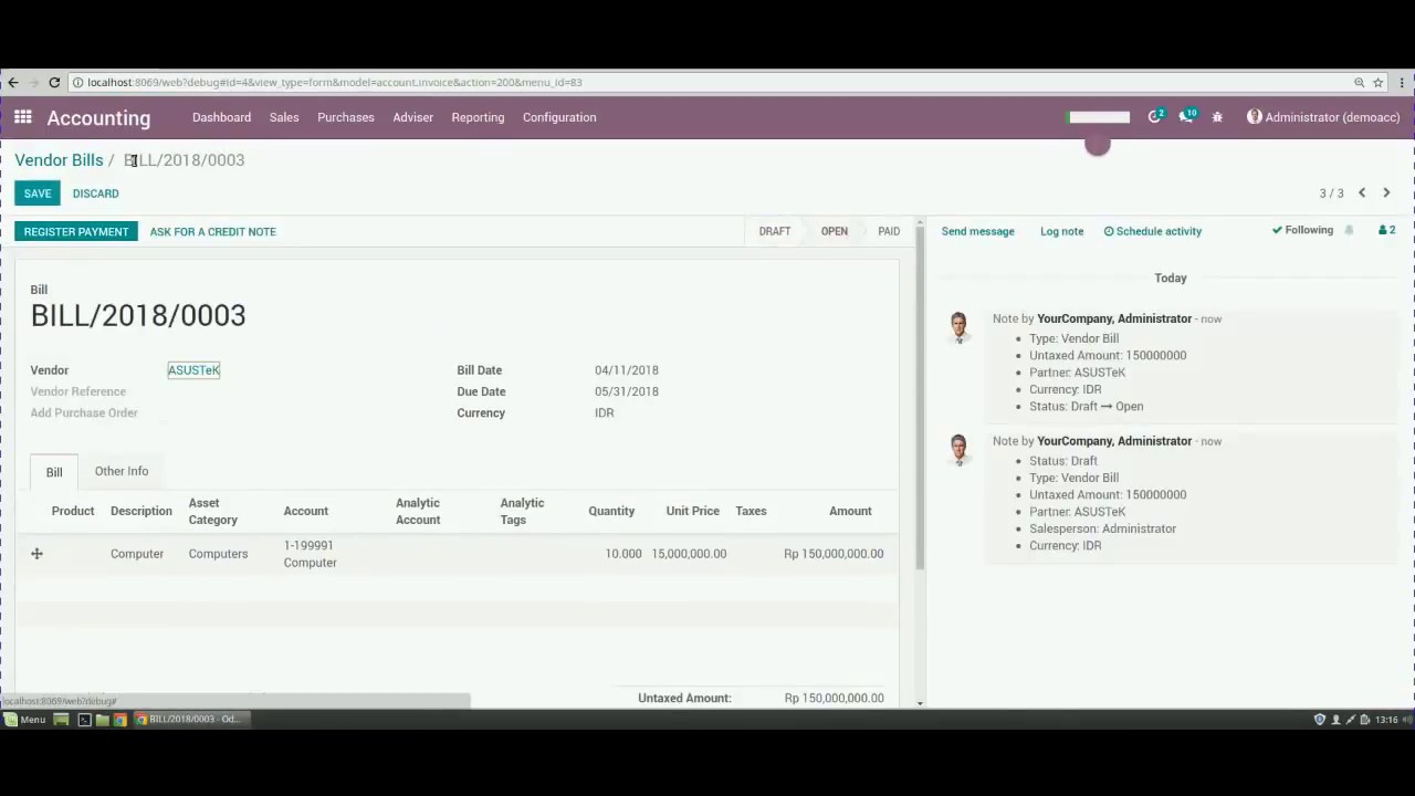Odoo 11 - Asset Management | 12.04.2018

Odoo Asset Management allows you to: - keep track of your fixed assets like machinery, land, and building (different types of ...