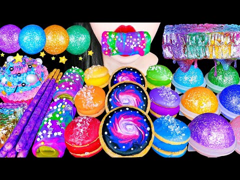 ASMR MUKBANG) GALAXY DESSERTS 직접만든 갤럭시 디저트 RAINBOW CAKE, HONEYCOMB, MACARONS JELLY 무지개 음식 먹방 EATING