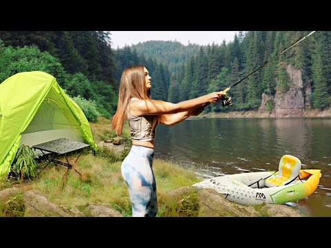 Camping alone in the Wild Lake : Catch & cook , DIY paddle , solo kayaking trip | ASMR.