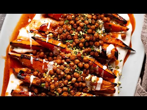 Maple roast sweet potatoes - with whipped tahini and crispy chickpeas