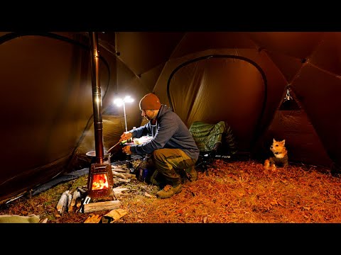 Hot Tent Winter Camping In Snow and Rain