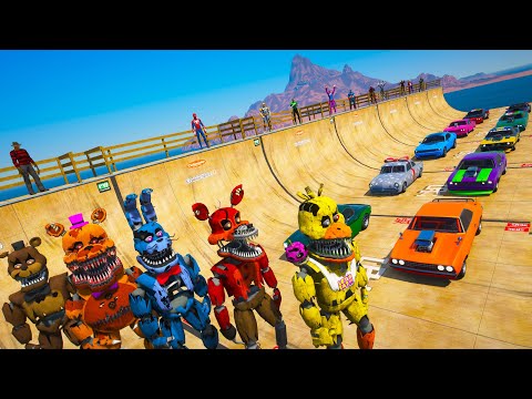 HOMEM-ARANHA e HERÓIS vs ANIMATRONICS! CARROS e MOTOS Desafio na Mega Rampa GTA V Mods
