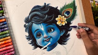 Krishna Drawing, Janmashtami Drawing,  Oil Pastel Drawing Tutorial 😍
