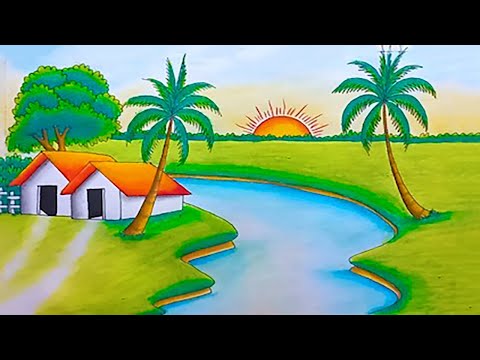 Riverside Village Sunset Drawing | How to draw beautiful riverside village sunset | Sunset drawing