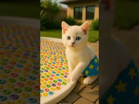 gatinho fofo nada em piscina de cereal