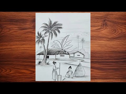 How to draw a winter season scenery | শীতকালে গ্রাম বাংলার দৃশ্য | Easy Village Scenery