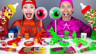 Mukbang Giant Blue Food vs Black Food Challenge 핑크 푸드 챌린지   주먹밥 교촌 허 치킨먹방 SpiderMan Hulk Frozen Elsa