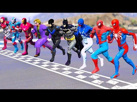 SPIDERMAN Team vs Iron Man Team vs Batman Team Running Challenge on Beach Batman, Iron Man Run-GTA 5