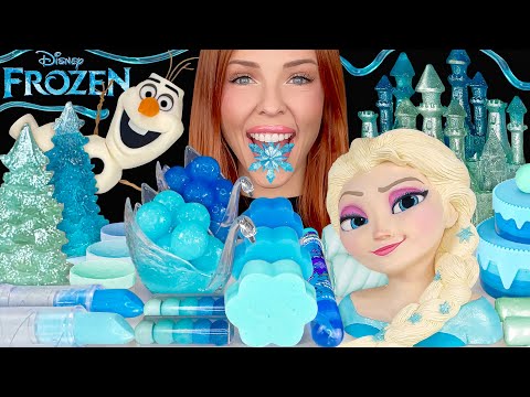 ASMR MUKBANG, Blue Teal Frozen Dessert, Elsa Candy Castle, Olaf Cake, Edible Snowflake, Jelly 먹방