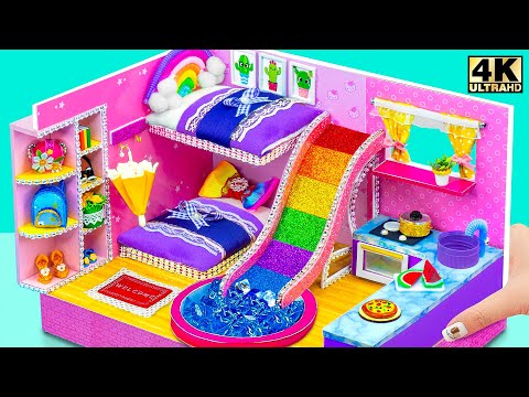 Build Purple House with Bunk Bed and Water Slide Down to Pool from Cardboard | DIY Miniature House