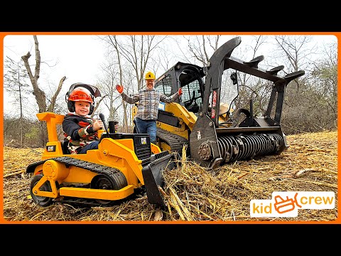 Clearing rotten trees with kids ride on bulldozer and forestry skid steer. Educational | Kid Crew