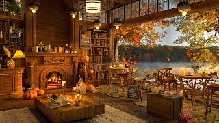 4K Autumn Sunset at Coffee Shop Bookstore 🍁 Smooth Jazz Music for Work, Study, Focus and Chill