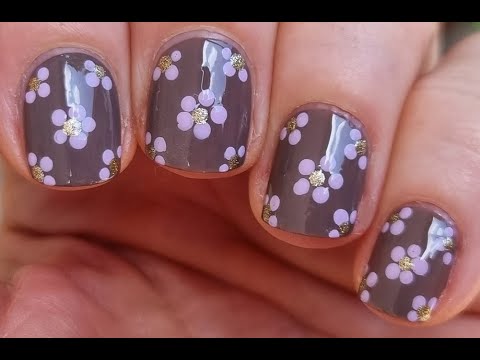 Stone Brown Nails With Lilac Floral Nail Art | Elegant Short Nail Design