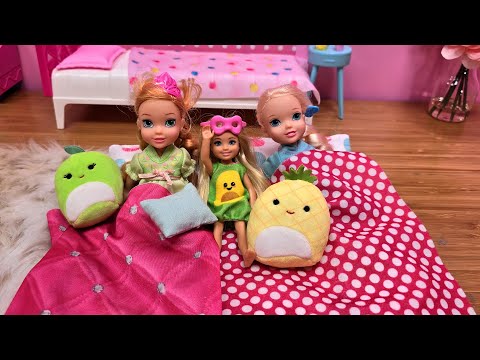 Sleepover at Chelsea ! Elsa & Anna toddlers - Barbie surprise toys - bedtime routine