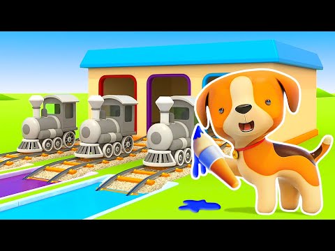 The puppy colors the trains for kids. Helper cars cartoons for kids. Street vehicles cartoon.