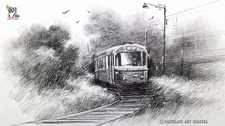 How to draw Realistic Pencil Sketch of a Train | Easy & Beautiful Landscape Drawing Tutorial