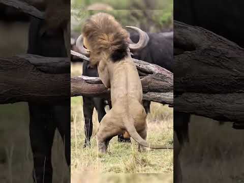 The lion is terrified of a raging buffalo  #attack #animals #lion #wildlifefight
