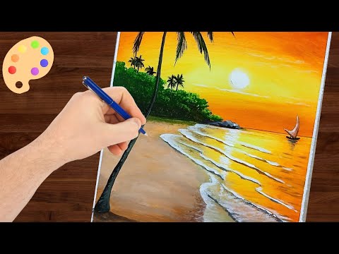 Pintura em Tela Paisagem de Praia por do sol com tinta acrílica