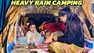 Heavy rain camping with family 
