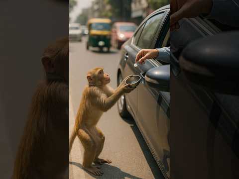 Monkey Begs on Streets to Feed His Babies #aiart #monkey #baby #cute