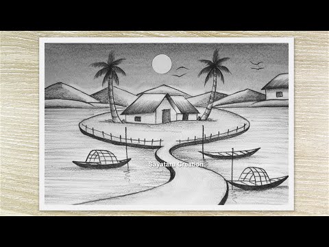 Sunset Nature Scenery Drawing with Pencil, Easy Pencil Drawing for Beginners